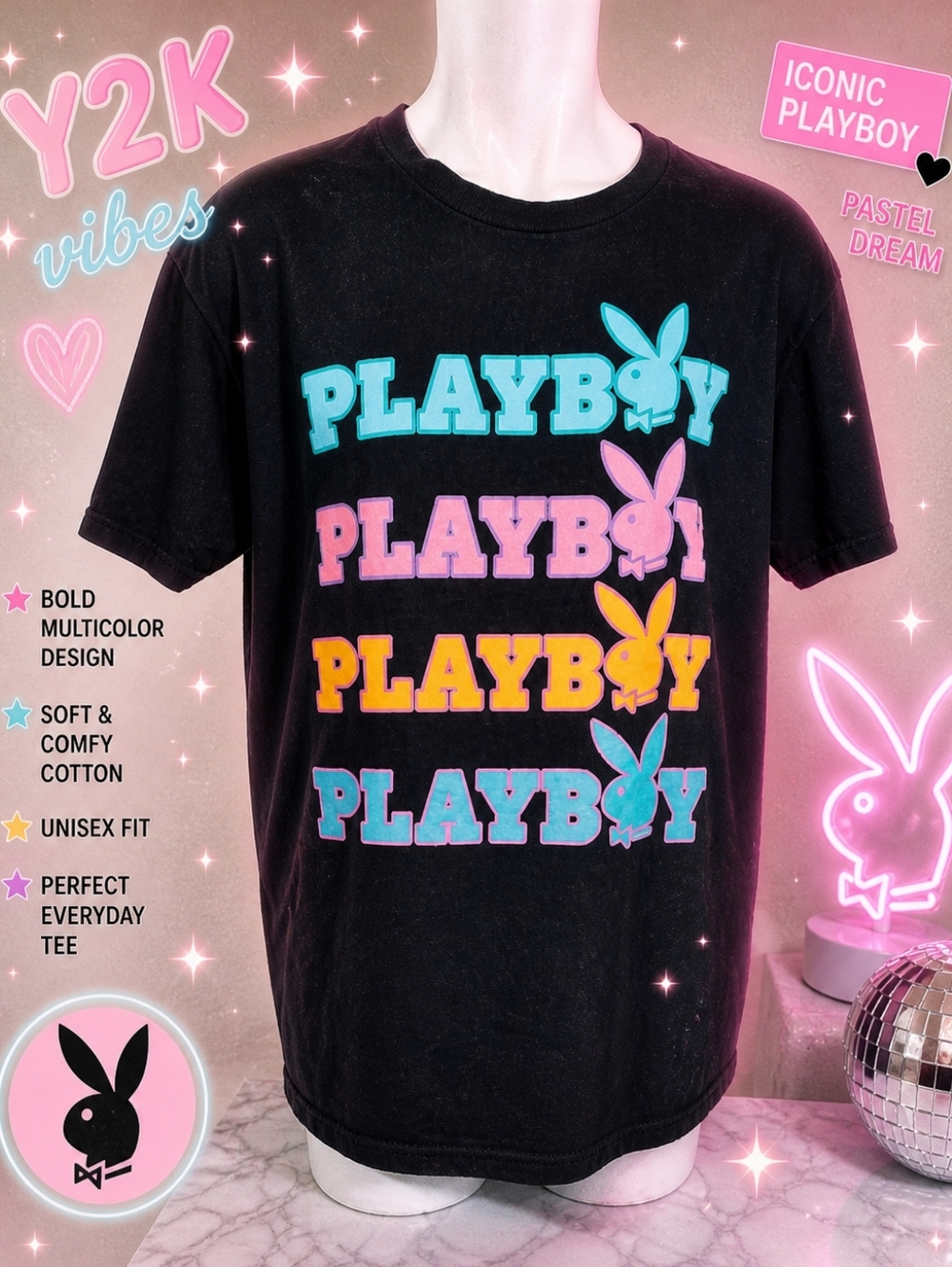 Playboy Multicolor Logo Graphic Tee‎ Y2K Streetwear Bunny Large Unisex